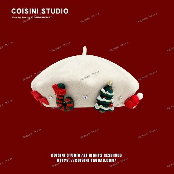 

Японские милые рождественские элементы, красный шерстяной берет, детская зимняя теплая универсальная студенческая шапка художника