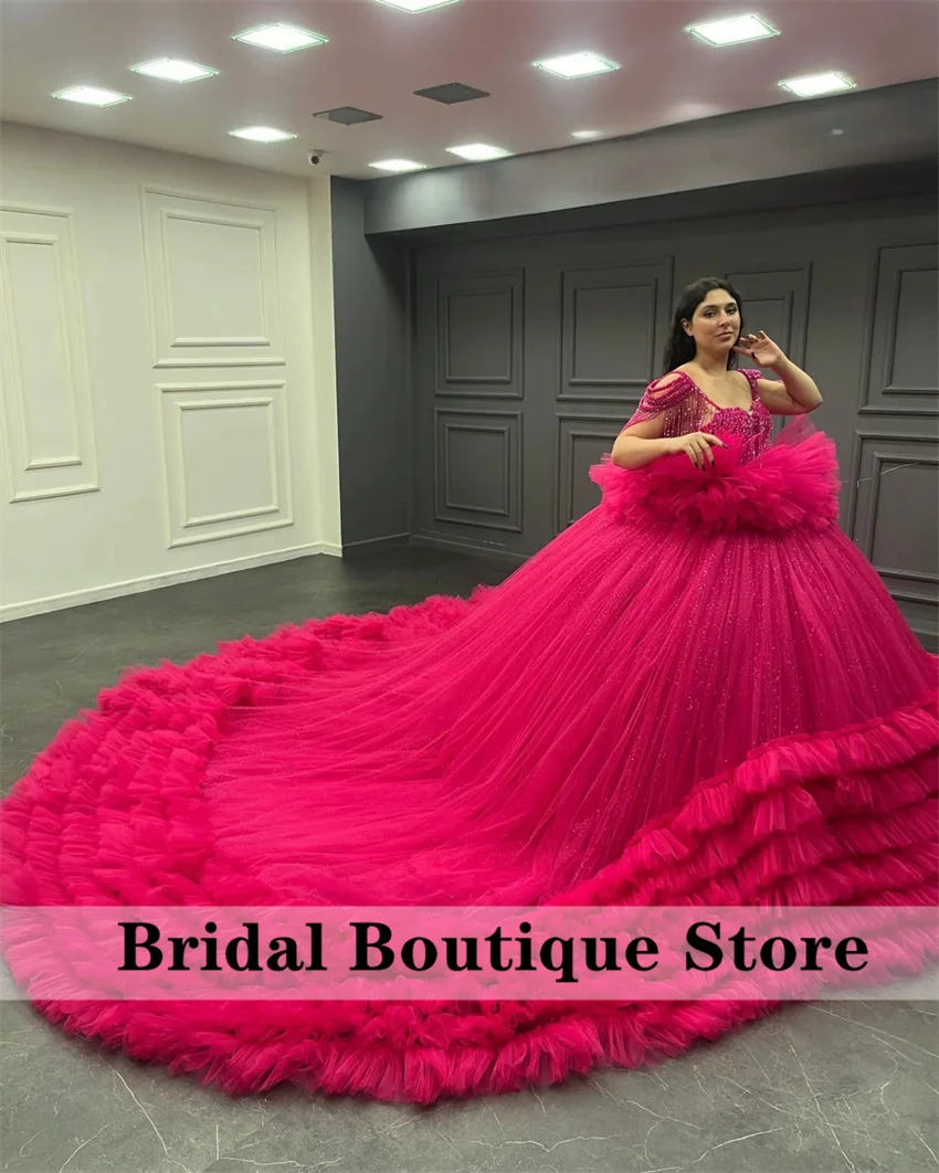 

Fuchsia Puffy Beaded Quinceanera Dress 2024 Off Shoulder Princess Crystals Ruffles Beads Tassels Vestidos De 15 Quinceañera