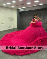 Fuchsia Puffy Beaded Quinceanera Dress 2024 Off Shoulder Princess Crystals Ruffles Beads Tassels Vestidos De 15 Quinceañera