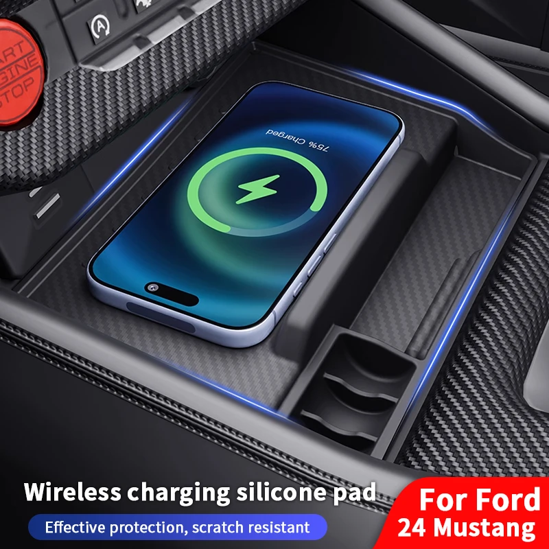 

QHCP Car Anti-slip Phone Holder Mat Non-slip Mats Central Console Wireless Charger Panel Silicone Pad Fit For Ford Mustang 2024+