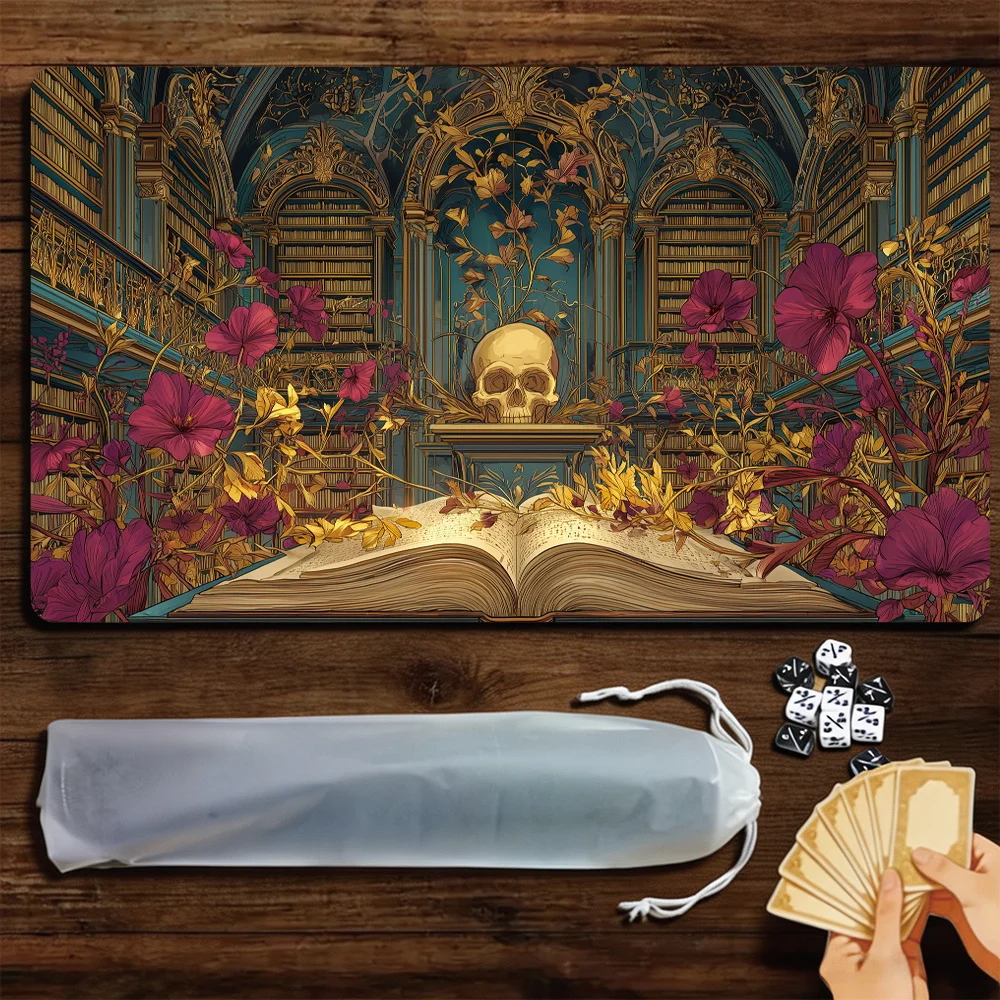 Golden skull and magic book TCG Playmat Magic Playmat Gathering Gaming Mat with Stitched Edge Anti-slip base Trading Card Game