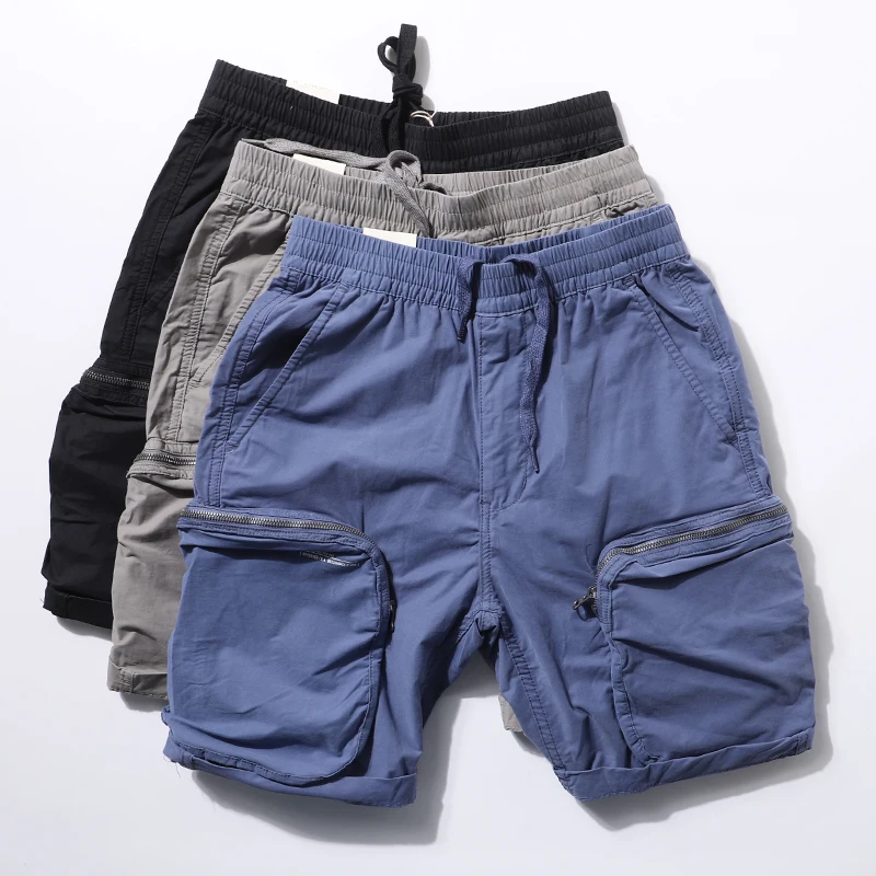

Casual Workwear Shorts Men's Summer Elastic Waist Cargo Pants Large Pocket 3D Zipper mid Waist Straight Leg Five-Quarter Length