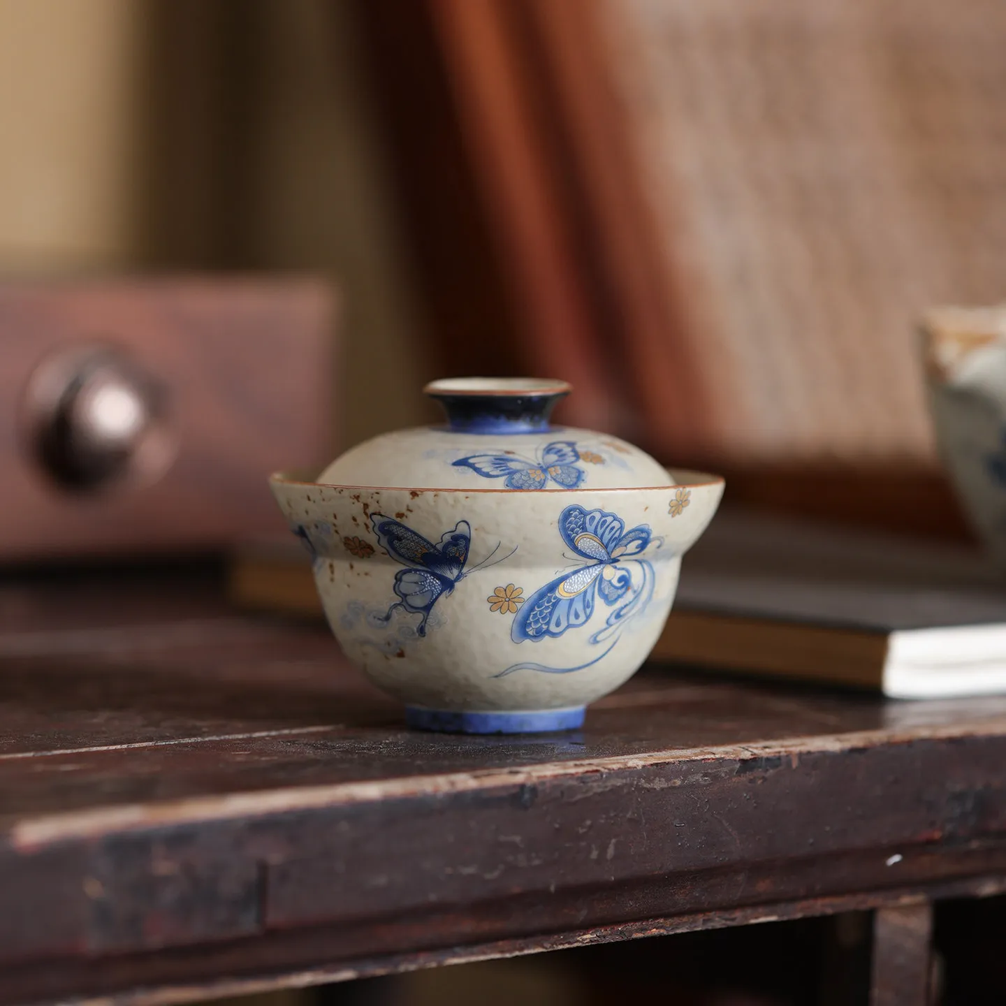Blue Gourd Covered Tea Cup in Blue and White Flint Red Ceramic, Boxed Tea Gift for Gongfu Brewing and Home Tea Tables