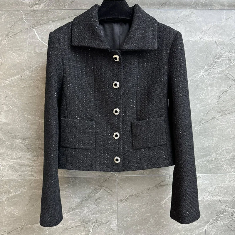 

High quality wool tweed patterned beadwork jacket women's new style button-down front shoulder straight-fit slim coat 251107109
