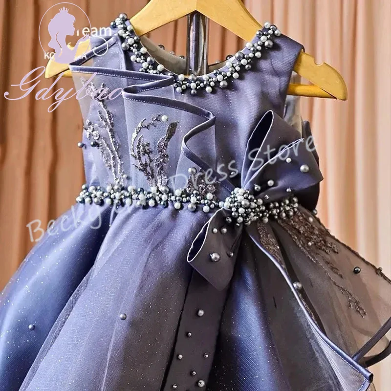 Элегантные платья с цветочным узором для девочек по индивидуальному заказу на свадьбу, блестящий тюль с жемчугом, плиссированный дизайн, платье для фотосессии для маленьких девочек