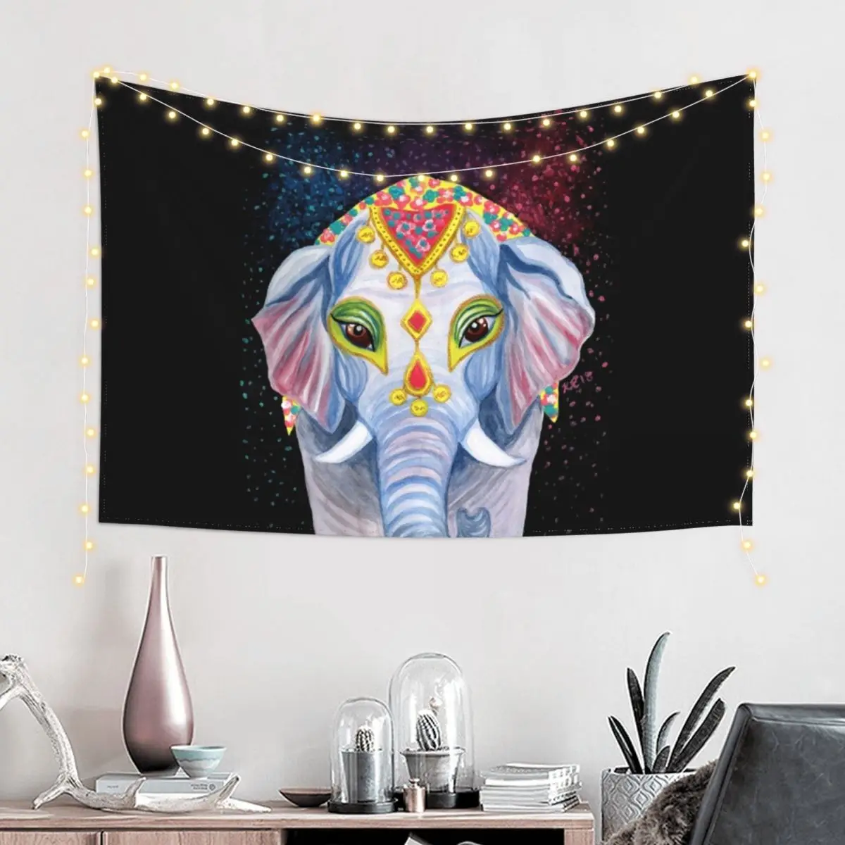 Indian Holi Elephant Watercolor and Acrylic Painting Tapestry Decoration Pictures Room Wall Bed Room Decoration Tapestry