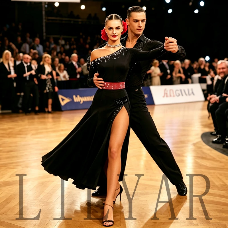 Black Bullfighting Dance Skirt High Split Slant Shoulder Long Sleeve New Women's Customized Latin Dance Competition