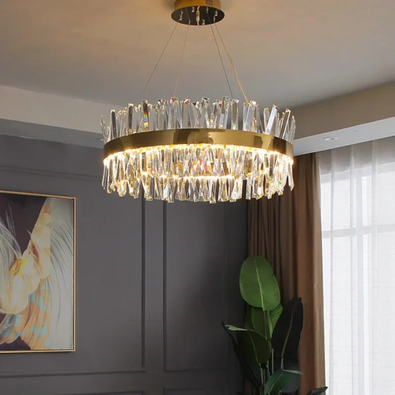 Lustre de cristal redondo cromado moderno para sala de jantar retângulo design cozinha ilha luminárias led lustre