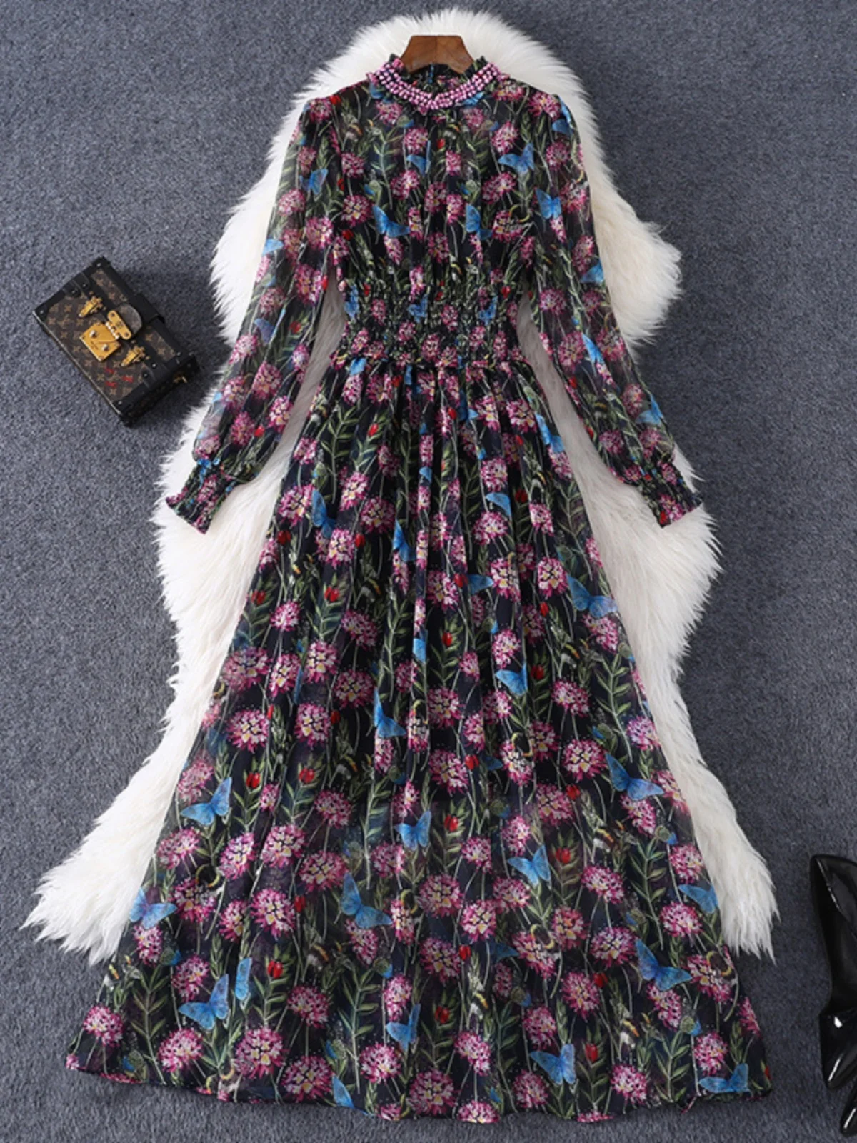 

Элегантное платье-миди А-силуэта с эластичной талией, коротким рукавом и цветочным принтом, для отдыха и повседневной носки