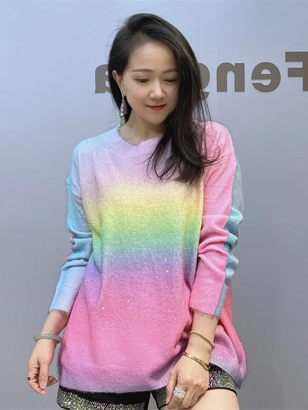 

Женский модный пуловер с длинными рукавами и круглым вырезом, расшитый радужными вставками и стразами, в уличном стиле, осень-зима