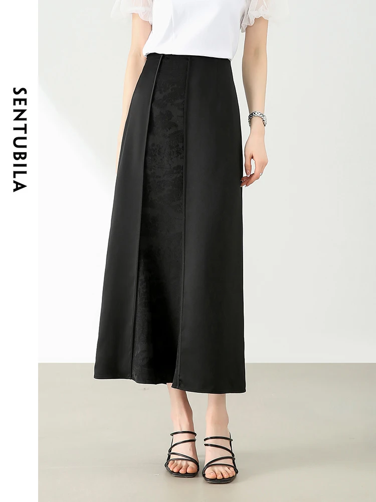 SENTUBILA Chinese Style Black Skirt Women 2024 Summer New Retro Patchwork Jacquard Satin Elastic Waist Midi Skirts 142Q54687