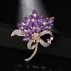 Temperament Fashion Purple Crystal Flower Brooches for Women Luxury Shiny Full of Zircon Pins Suit Jewelry Party Accessory Gift