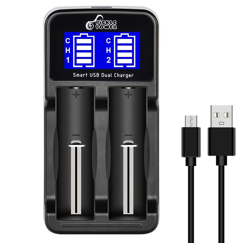 

Pickle Power 18650 Battery Charger, Smart USB LCD Dual Charger for 18650 18350 17670 17500 14500 10440 AA/AAA 2 Ports Charger