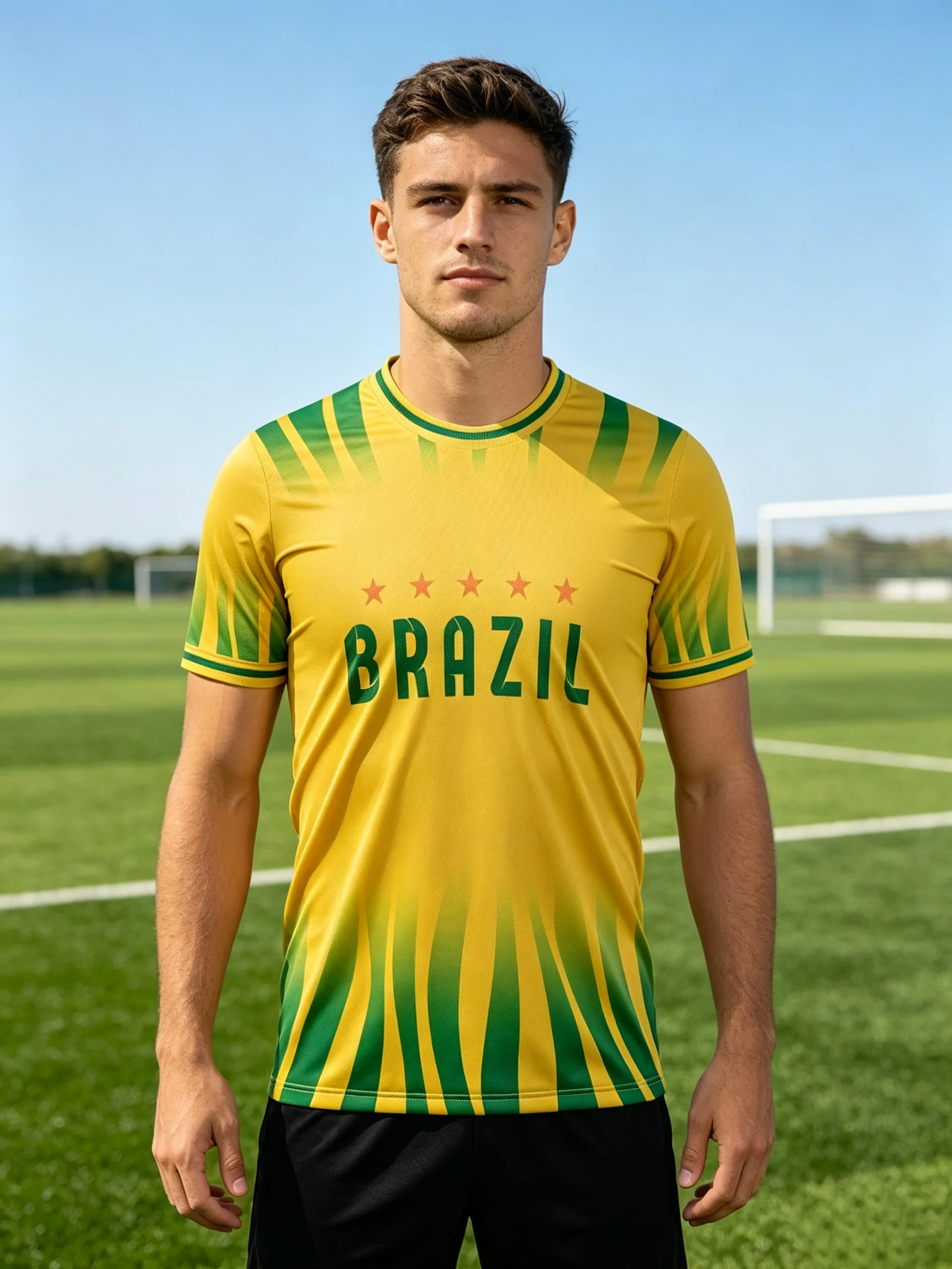 Brazil soccer jersey,yellow base with green gradient radial stripes,BRAZIL five‑star print,quick‑dry,multiple collar styles