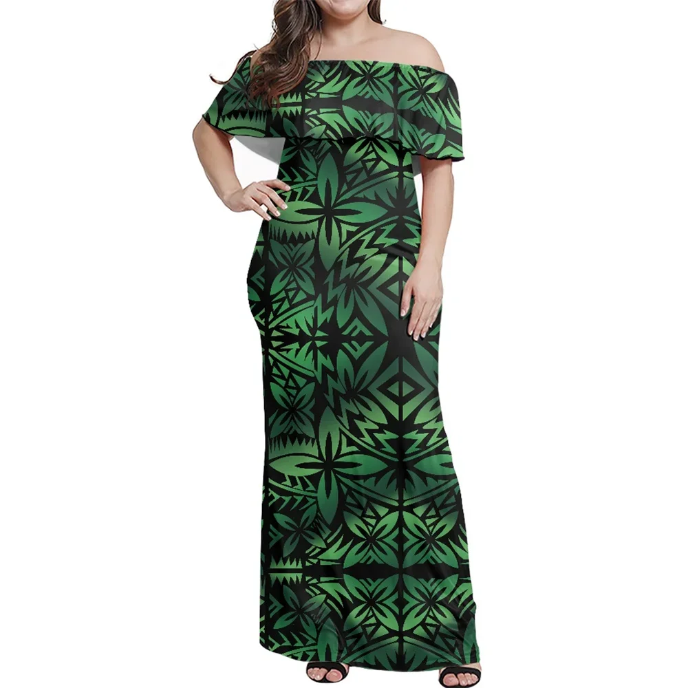 

7XL Elegant Lady Evening Party Dress Polynesian Tribal Clothing Samoan Green Tapa Flower Printed Off Shoulder Long Maxi Dress