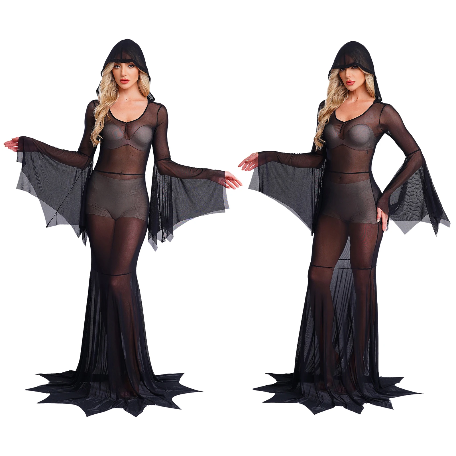 

Women Halloween Witch Vampire Cosplay Black Dress Gothic Sheer Mesh Hooded Maxi Dress for Devil Witch Carnival Role Play Dresses