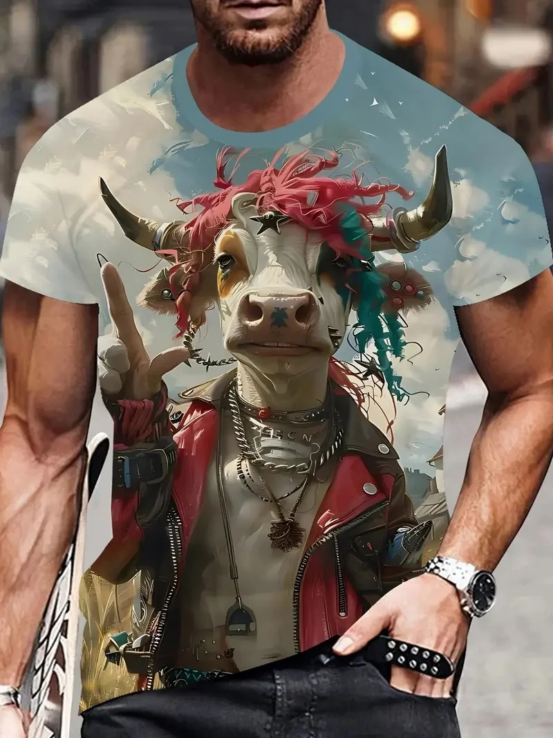 Men'S Casual Crew Neck T-Shirt With 3D Bull Print New In Short Sleeve Oversized Funny Bull Graphic Tshirts For Men Camisetas