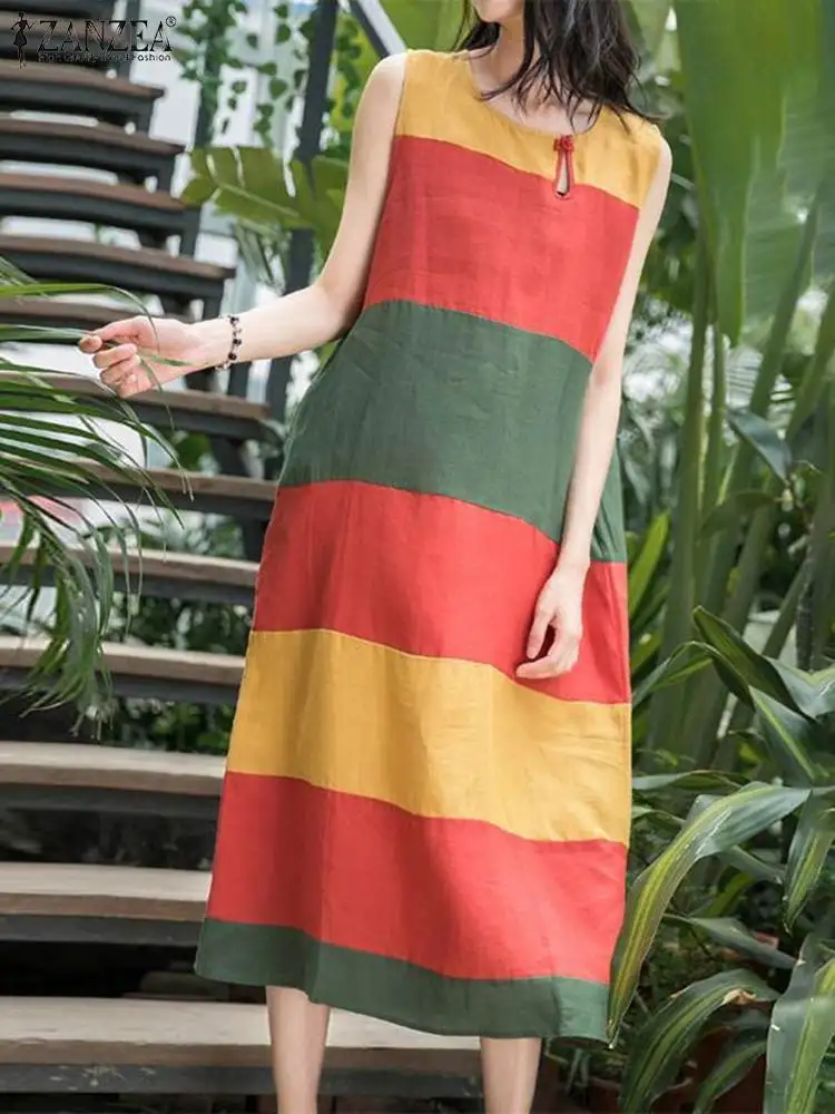 

ZANZEA Fashoin O-Neck Tank Dress Casual Colorblock Long Dress Women Summer Sleeveless Midi Robe 2024 Holiday Bohemian Vestidos