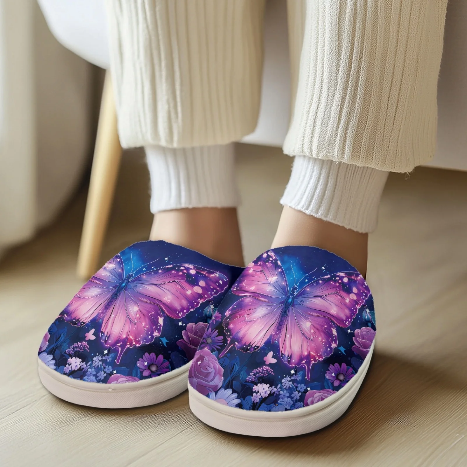 PENSTROLL Purple Butterfly Slip On Fleece Slippers House Shoes That Don't Rub Top Of Foot Wfh Cozy Essentials Slippers