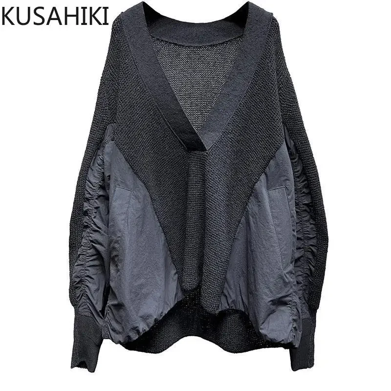 KUSAHIKI V-neck Long Sleeve Fashion Pullover Knitwear Women Autumn New Korean Women Patchwork Tops 2023 New Sweaters Mujer