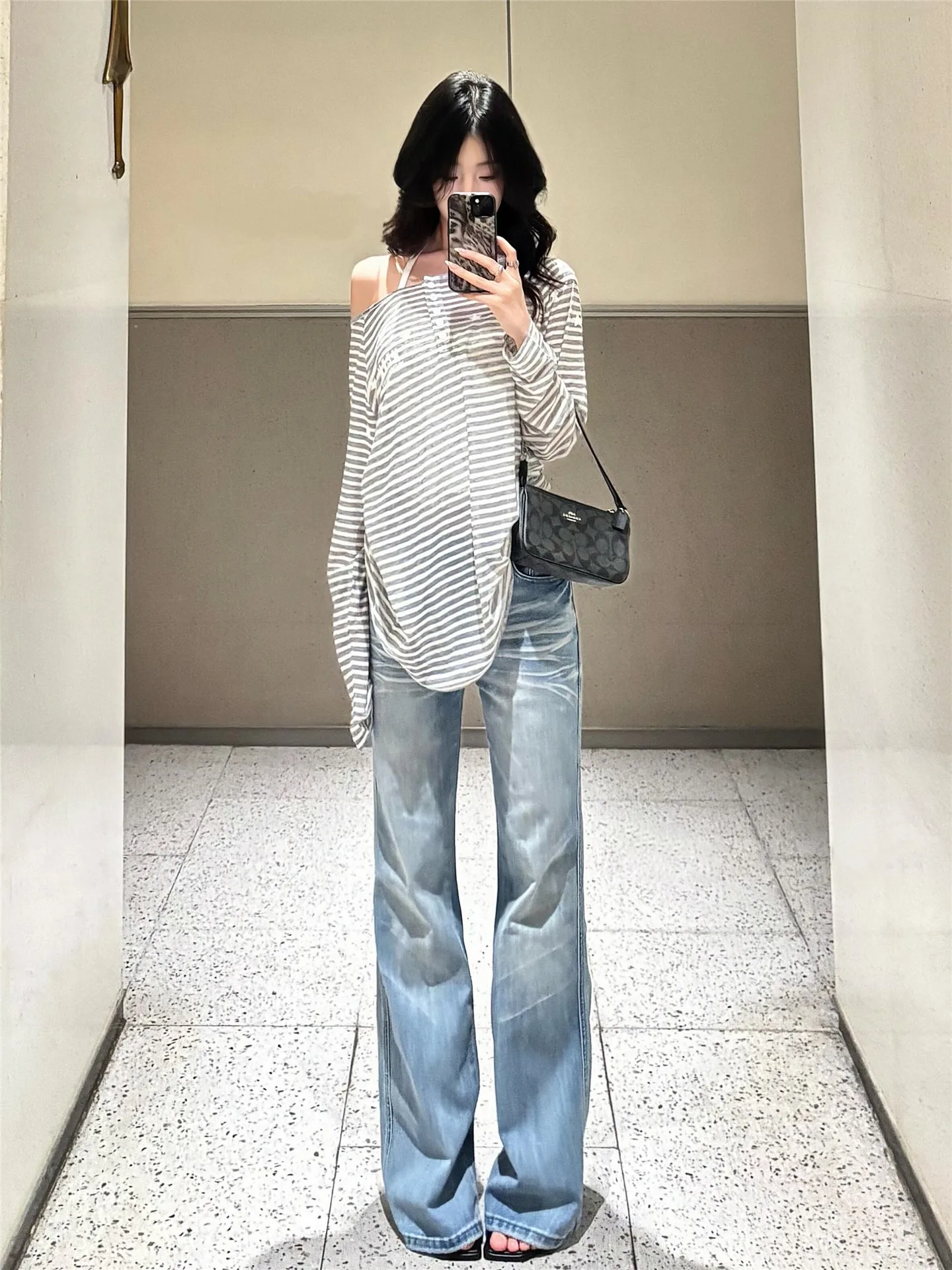 

American Style Vintage Low Waist Wide Leg Jeans Women Loose Slimming Not Sticky Wrinkled Floor-Length Pants
