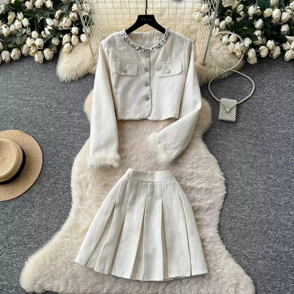 2024 Winter New Elegant Women's  Arrival Pearls Buttons Feathers Sleeve Cuff Tweed Jacket Short Pleated Skirt 2Piece Set Outfits