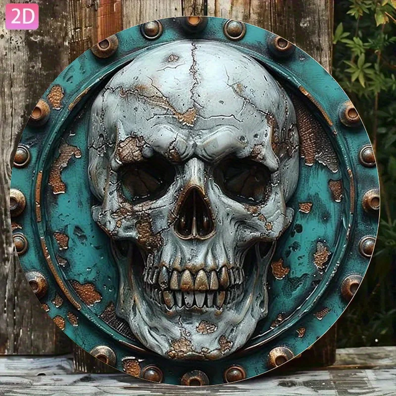 2D Flat High Definition Metal Wall Art Retro Weathered Skull with Riveted Border Industrial Punk Metal Sign Featuring Grunge Hal
