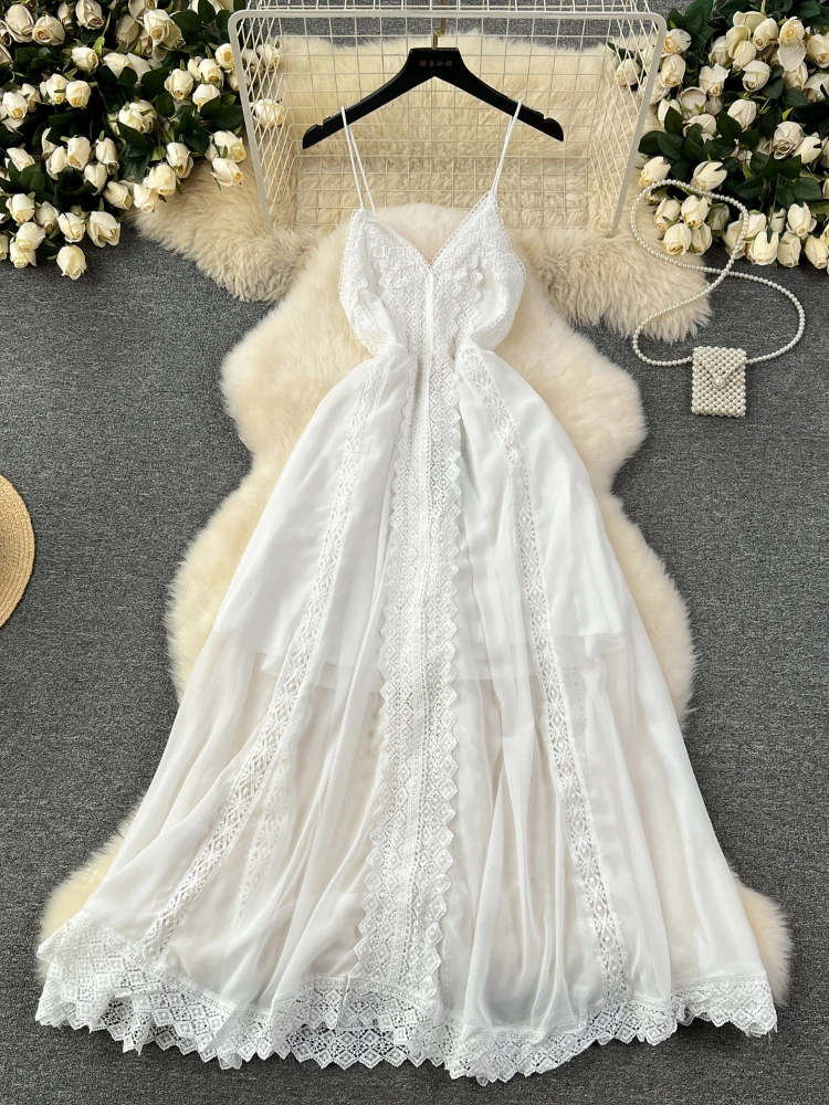 Women White Lace Spliced Dress Summer Sexy V-neck Embroidery Stickers French Long Dresses Ladies Elegant Chiffon Beach Long Robe