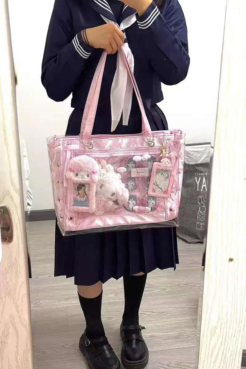 Sweet Cute Ribbon Trendy Commuting Handbag Bags Pink Shoulder Women\'s Bag Satin Transparent Itabag