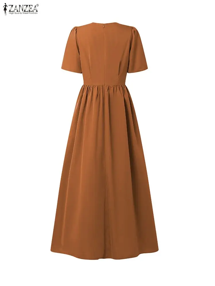 فساتين حفلات ميدي أنيقة للنساء موضة قصيرة الأكمام منتفخة ورقبة على شكل حرف v خصر مناسب للنساء على شكل حرف a فستان ZANZEA ملابس ضيوف الزفاف