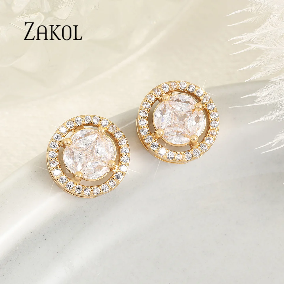 ZAKOL Simple Fashion Gold Color Copper Inlaid Zircon Stud Earrings For Women Luxurious Exquisite Daily Wear Charming Jewelry