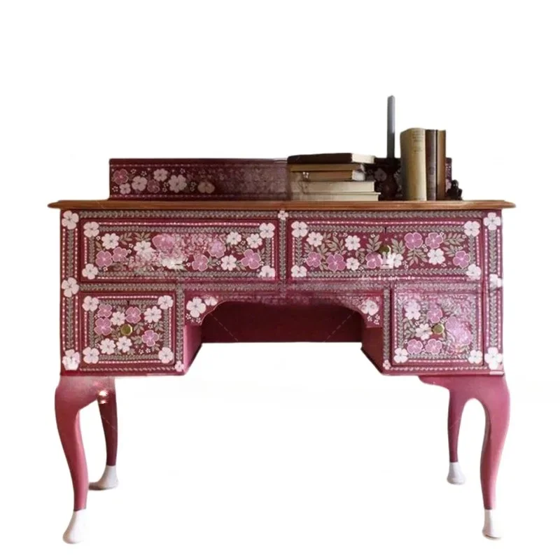 French retro solid wood carving flower entrance cabinet living room painted decorative cabinet locker home display cabinet