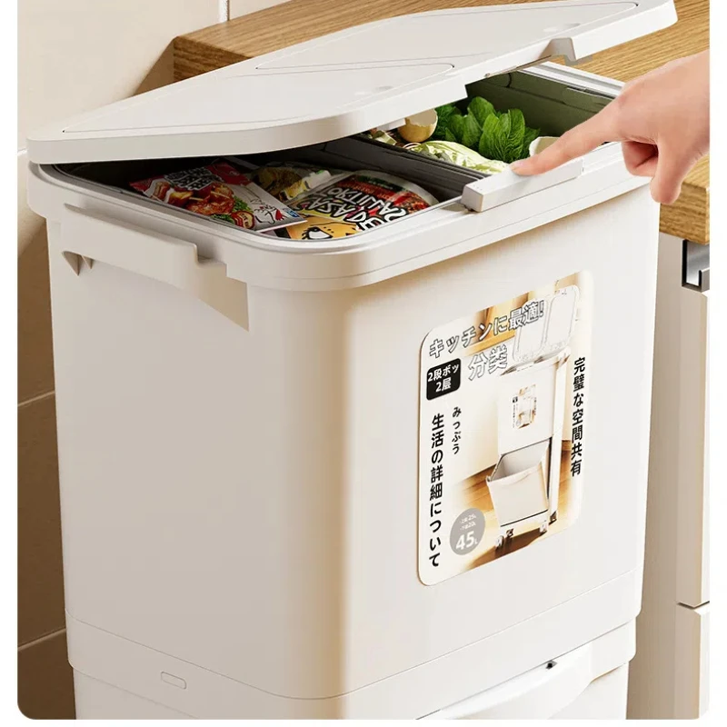 Kitchen Household with Cover Does Not Bend Press Type Waste Bins Large-capacity Double-layer Dry Wet Classification Trash Cans