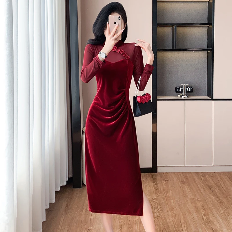 

Женское красное бархатное платье Cheongsam 2025, современное платье в китайском стиле с кружевом с цветочным принтом, осенне-зимнее банкетное платье, элегантное Ципао