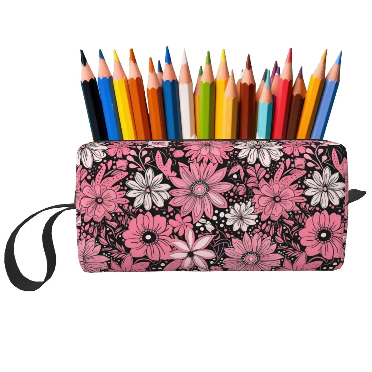 Federmäppchen mit rosa Gänseblümchen-Blumenmuster für Jungen und Mädchen, Schule, Stiftbox, Bleistiftbeutel, Schreibwaren, Reise-Organizer für Damen