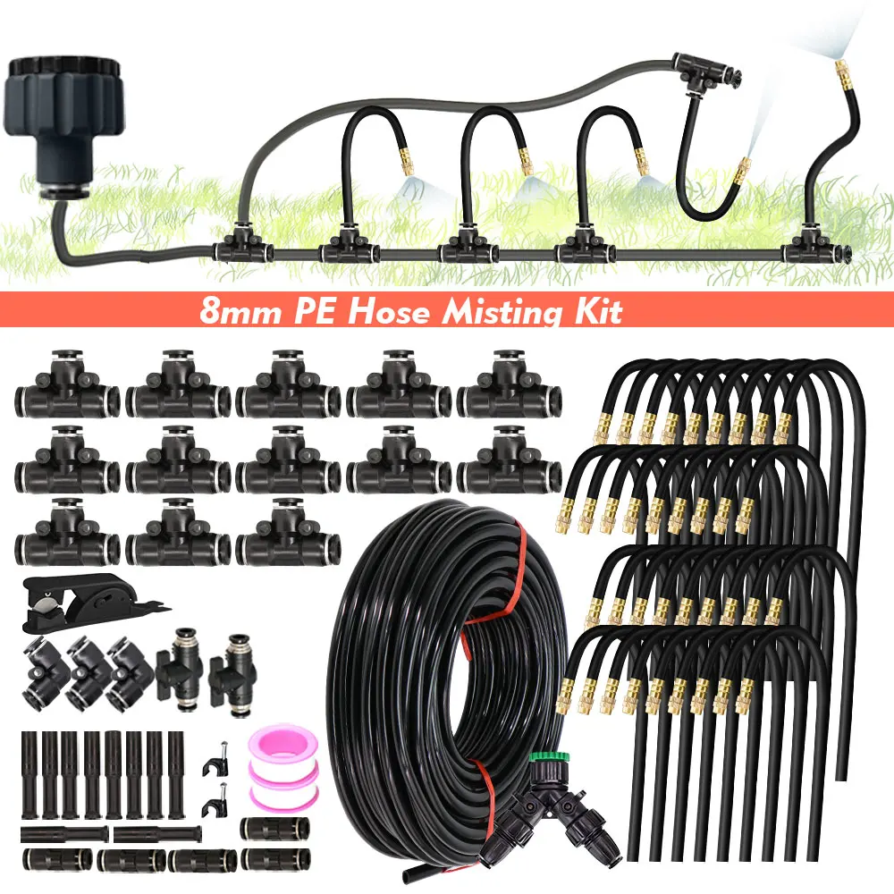 

10M 20M Black OD-8mm PE Hose 20cm Suppleness Brass Nozzle Nebulization Spray System for Garden Gazebo Plants Misting Cooling Kit