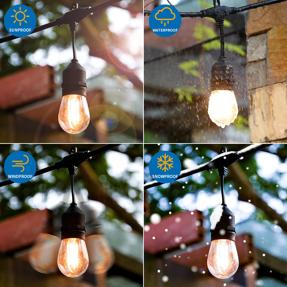 LED String Light 48FT 15Bulbs IP65 Waterproof Patio Outdoor Decoration String Light For Wedding Party