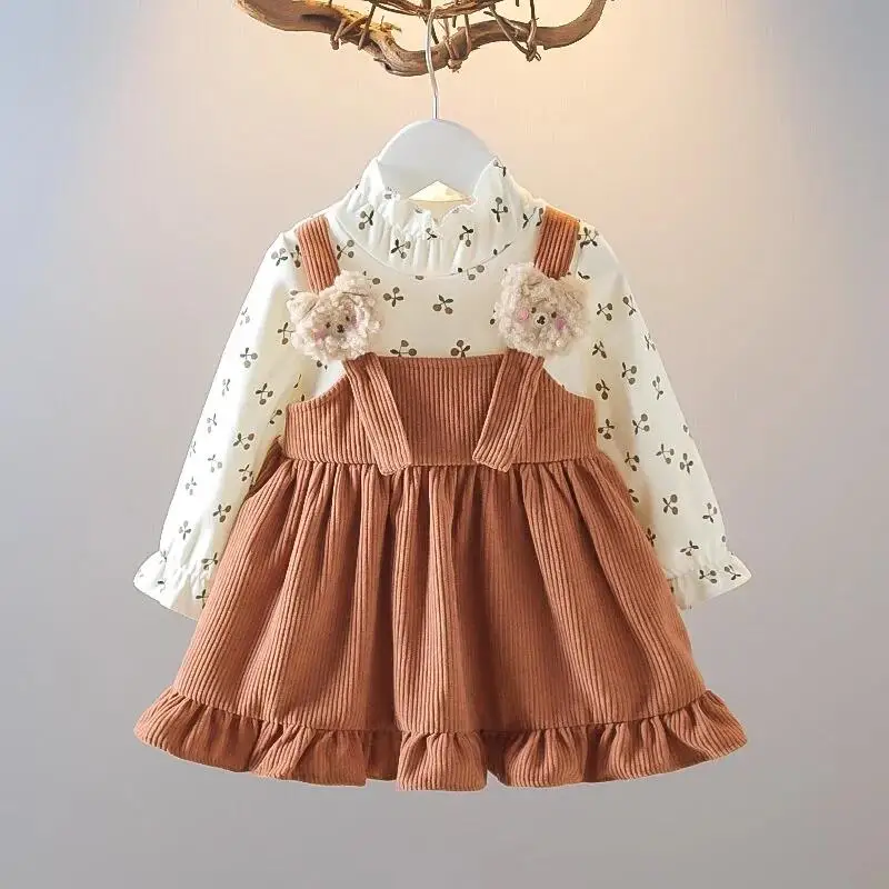 Kids Girl Long Sleeve Dress Floral Cute Bear Corduroy Strap Style Dress Fashion Lovely Birthday Party Clothes for Girl 1-6 Years