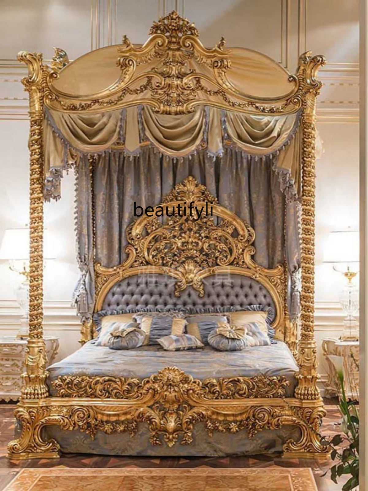 European Court Bed Solid Wood Carved Vintage Antique Finish French Bedroom Princess Double Bed