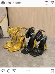 Sandali da donna estivi dorati e neri moda e stile Sexy tacchi alti grossi punta quadrata con cinturino incrociato Design morbido tomaia per scarpe