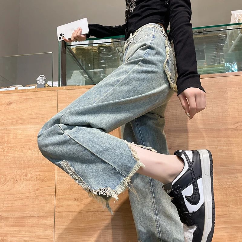 

High Waist Loose Fit Denim Jeans Women's Spring Autumn New Style Tear Hole Frayed Nine Point Straight Leg Pants