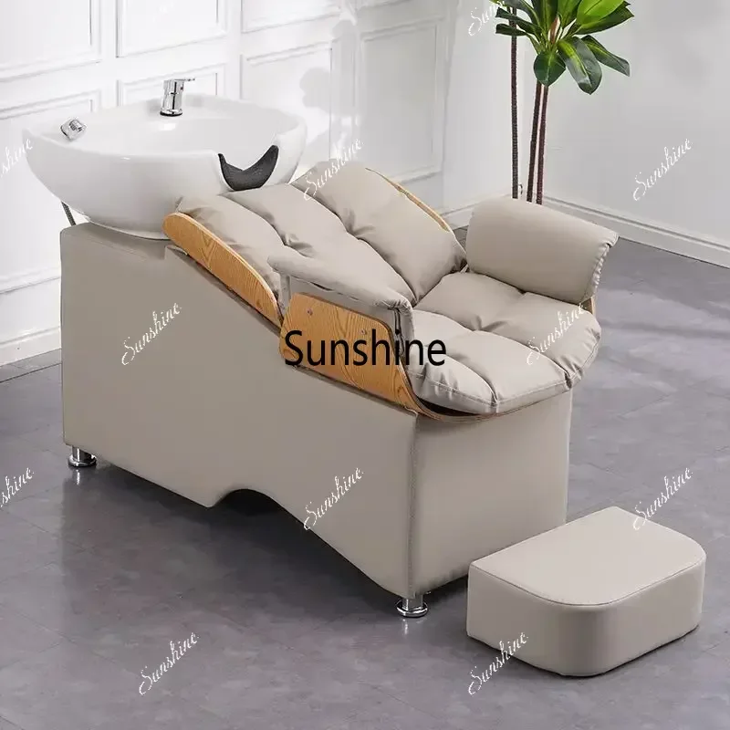 Modern Design Barber Semi-Reclining Shampoo Bed Portable Ceramic Flush Massage Synthetic Leather for Hair SalonT*