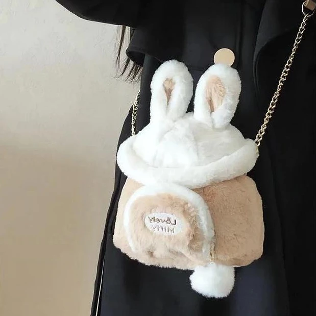 Kawaii Japanese Bag Autumn and Winter Soft Plush Storage Bag Women Bag Messenger Bag Cute Bunny Ears Large Capacity Tote Bag