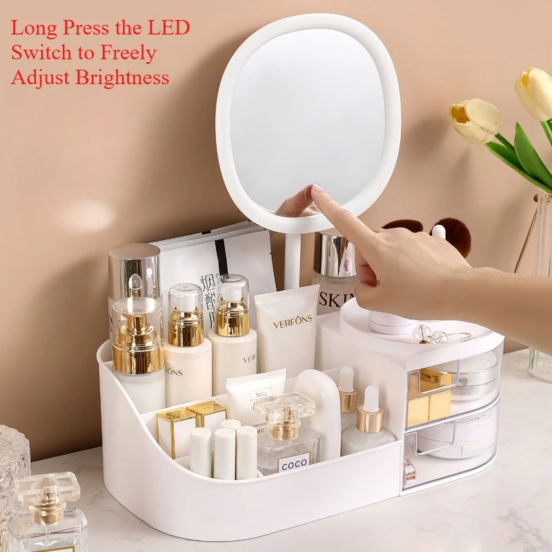 Dressing Table Makeup Storage Box With Mirror Touch Light Cosmetics Jewelry Organizer Desktop Storage Box For Home Bedroom