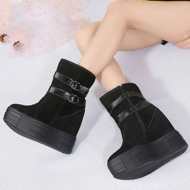 Krasovki 13cm Cow Suede Genuine Leather Hidden Heels Autumn Ankle Mid Calf Booties Women Boots Platform Wedge Plush Winter Shoes