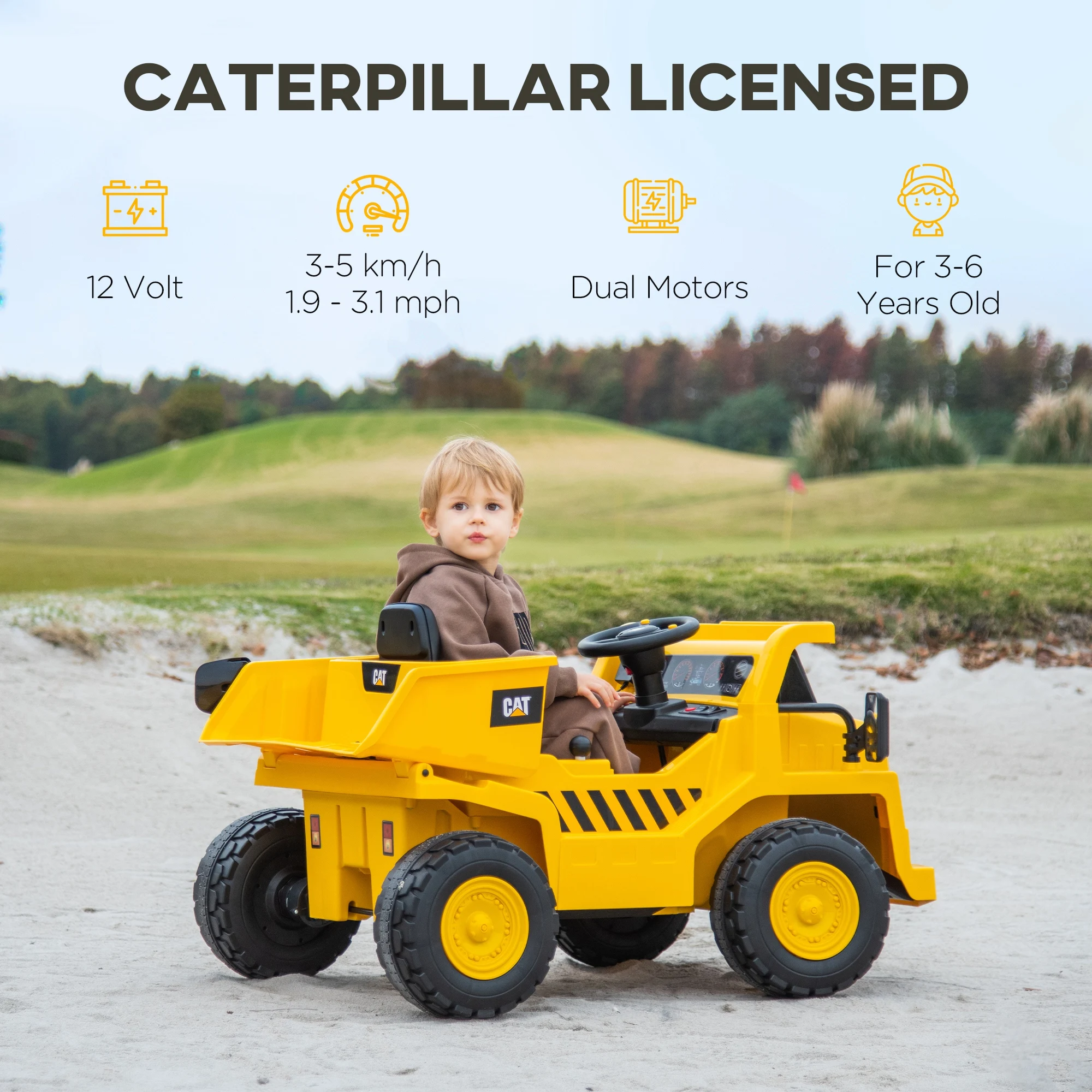 Caterpillar Licensed 12V Electric Ride-On Excavator with Remote, Yellow