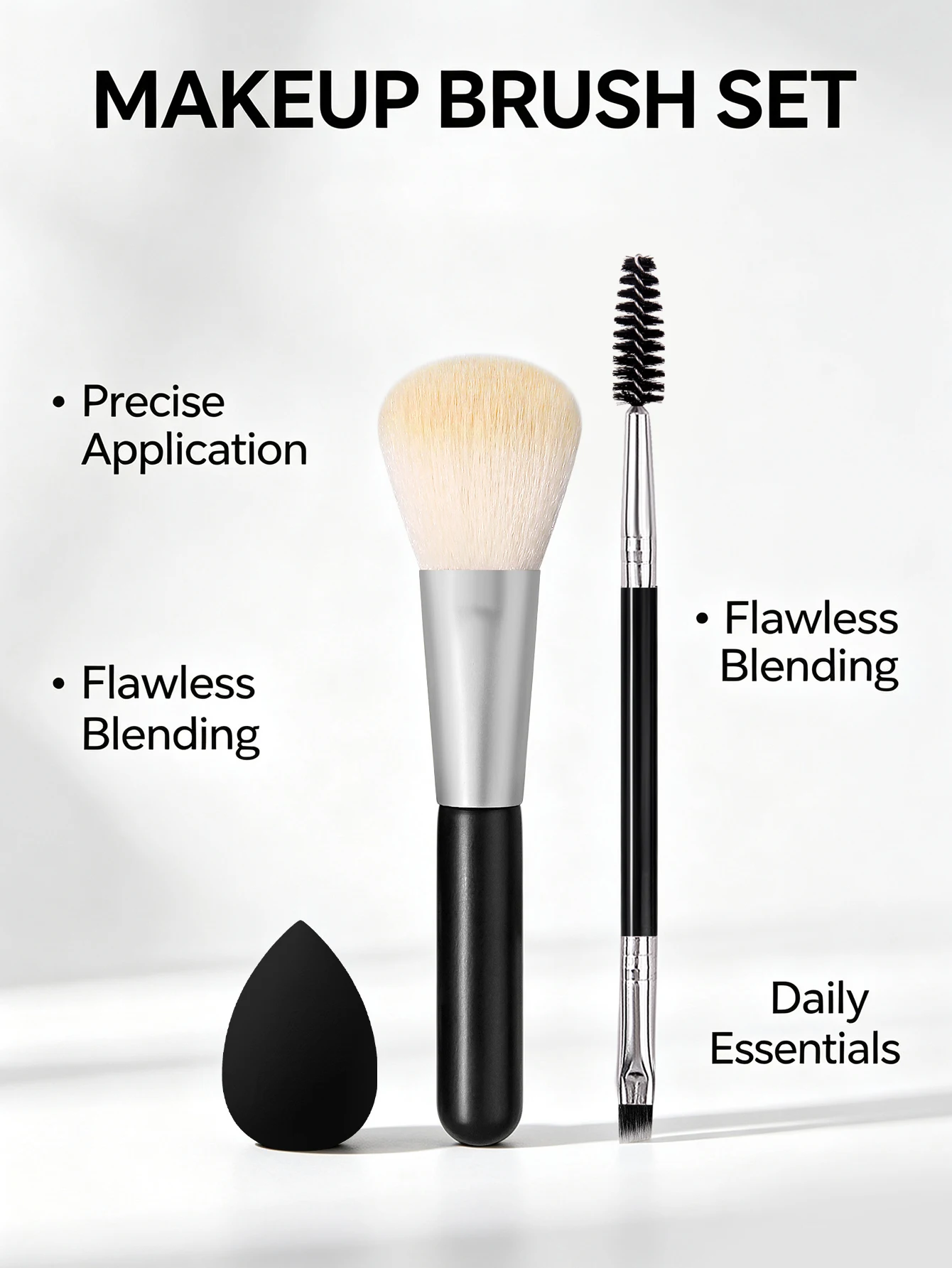 3Pcs Makeup Brushes Set with Beauty Blender, Soft Powder Brush & Dual Eyebrow Brush for Face & Eye Makeup