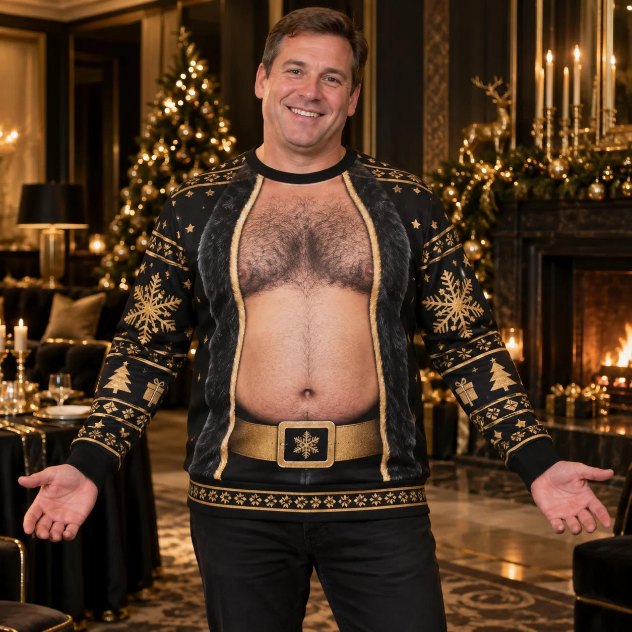 Black Gold Santa Belly Ugly Christmas Sweater Men 3D Print Polyester Crewneck Sweatshirt Funny Luxury Holiday Pullover