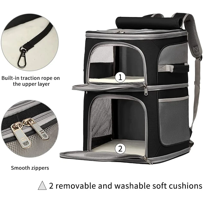 Double Layer Cat Carrier Backpack Removable Cat Bag for 2 Cats Collapsible Pet Carrier for Small Medium Cats Dogs Puppies of 7kg