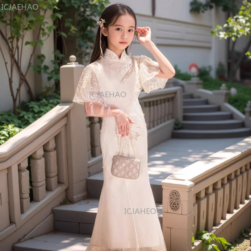 

Белое детское платье-ципао в китайском стиле, нарядное платье принцессы для девочек, для торжественных мероприятий, выступлений и праздников